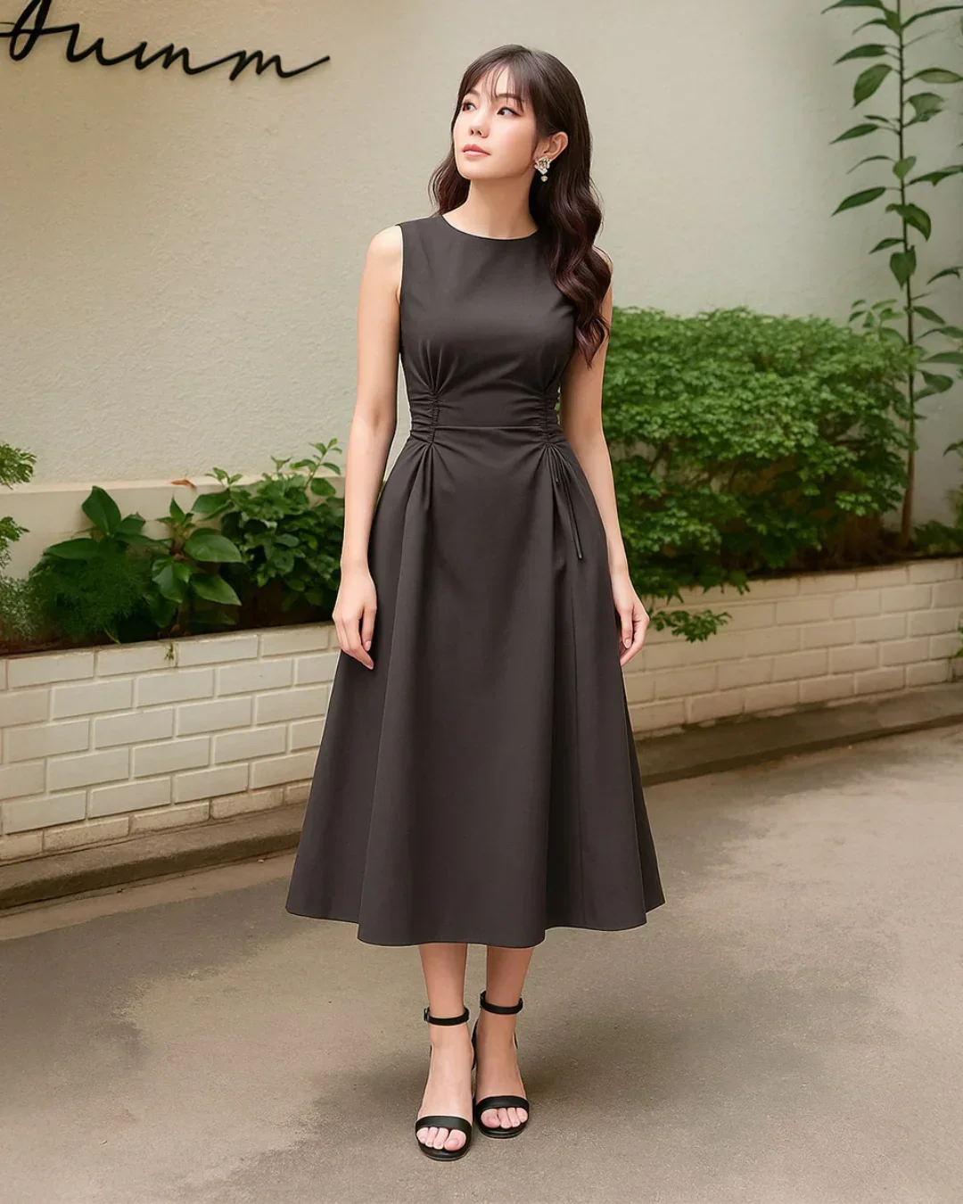Plum Kitten Sleeveless Midi Dress with Side Ruched Detail - Image 2