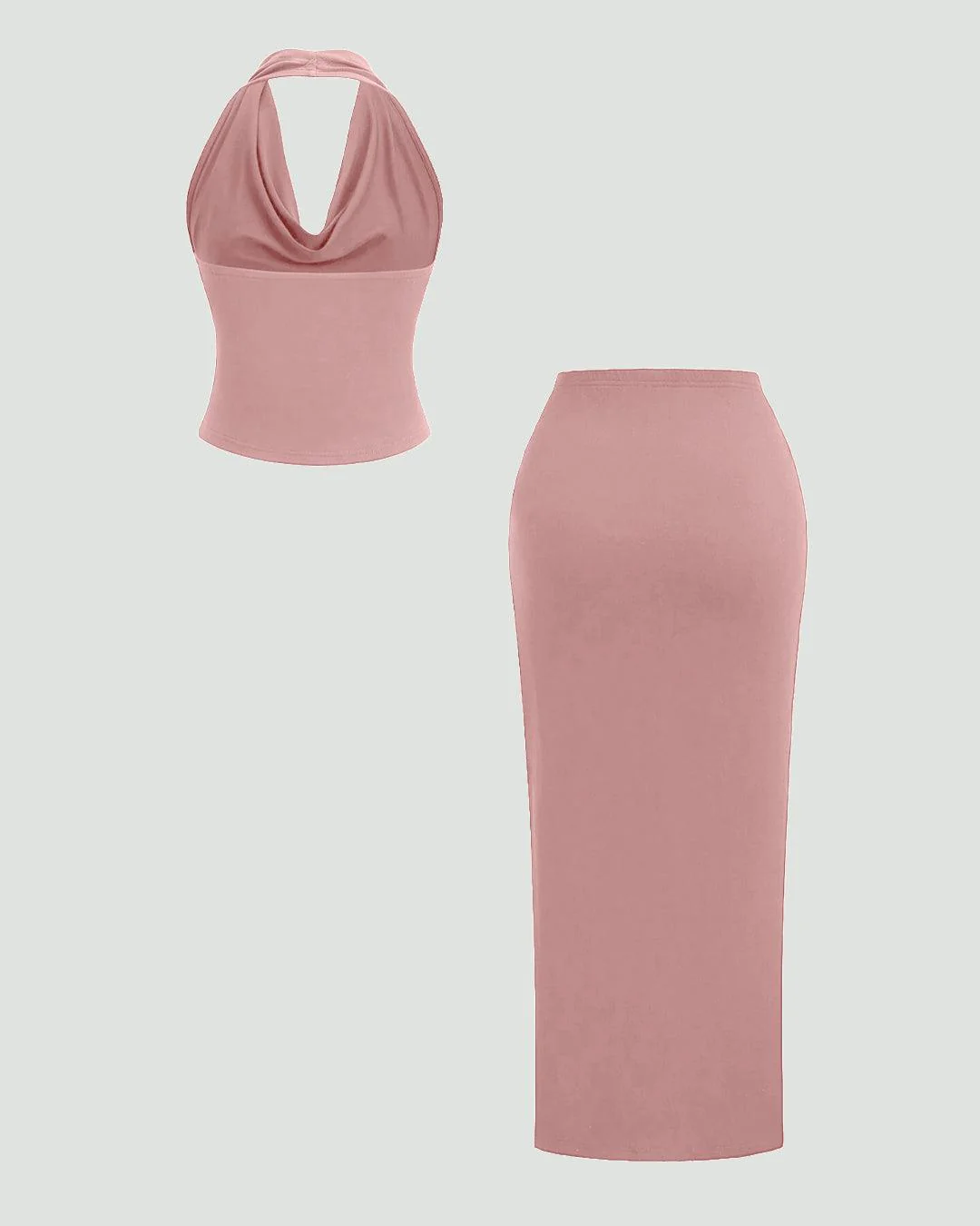 Plunge Neck Backless Halter Top And Slit Side Skirt Set In In Pink - Image 2