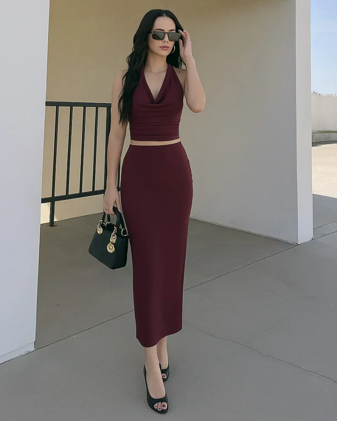 Plunge Neck Backless Halter Top And Slit Side Skirt Set In Maroon - Image 2