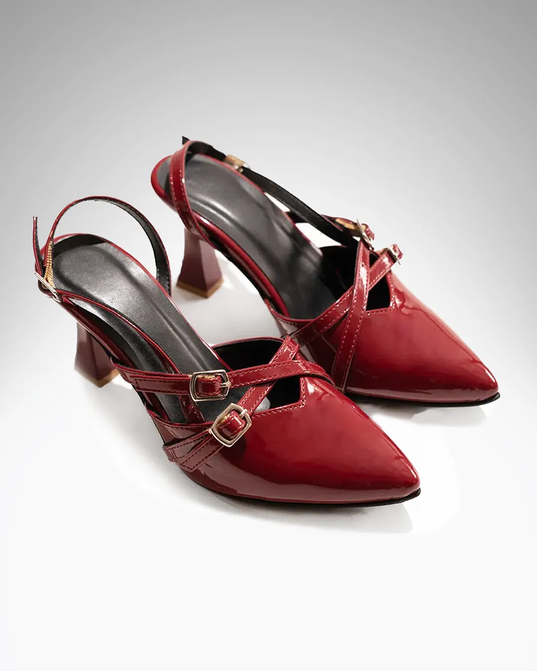 Pointed Closed Toe Slingback Heels Pumps with Buckles In Burgundy - Image 2