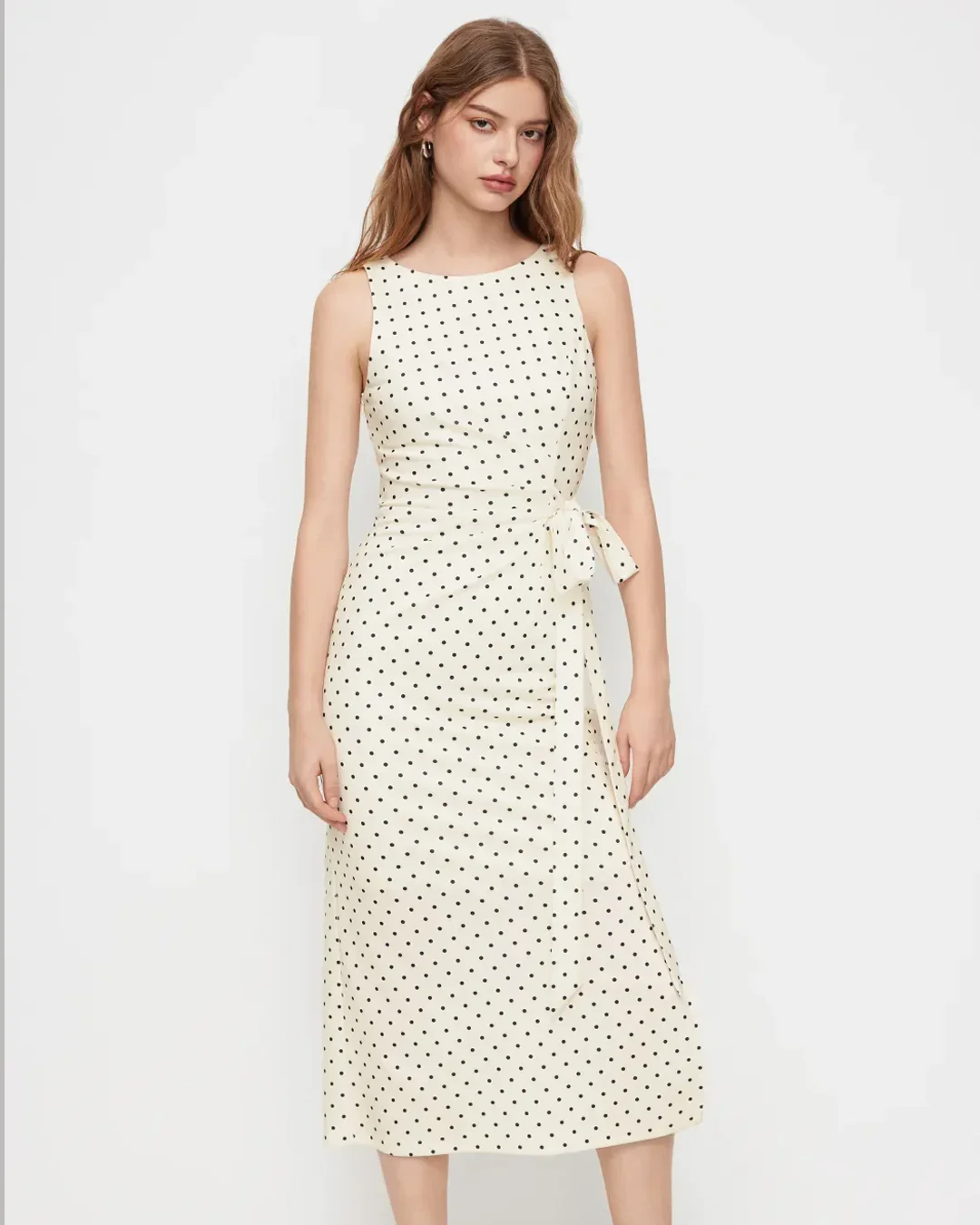 Polka Dot Boat Neck Tie Side Split Midi Dress - Image 3