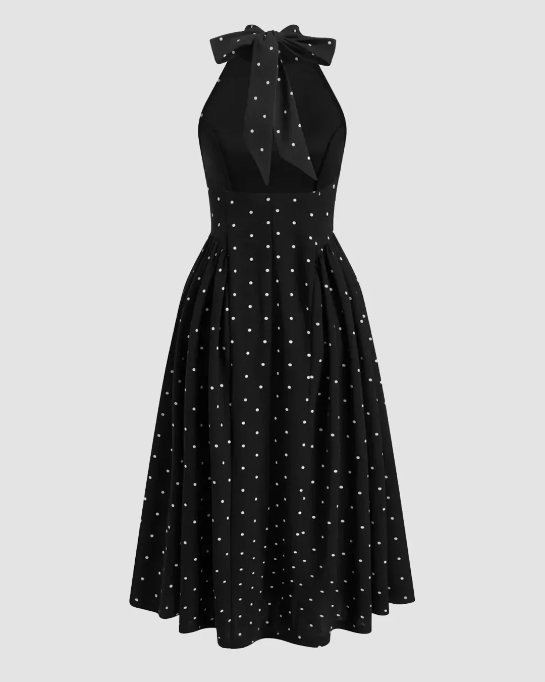 Polka Dot Halter Neckline Knotted Flared Midi Dress - Image 2