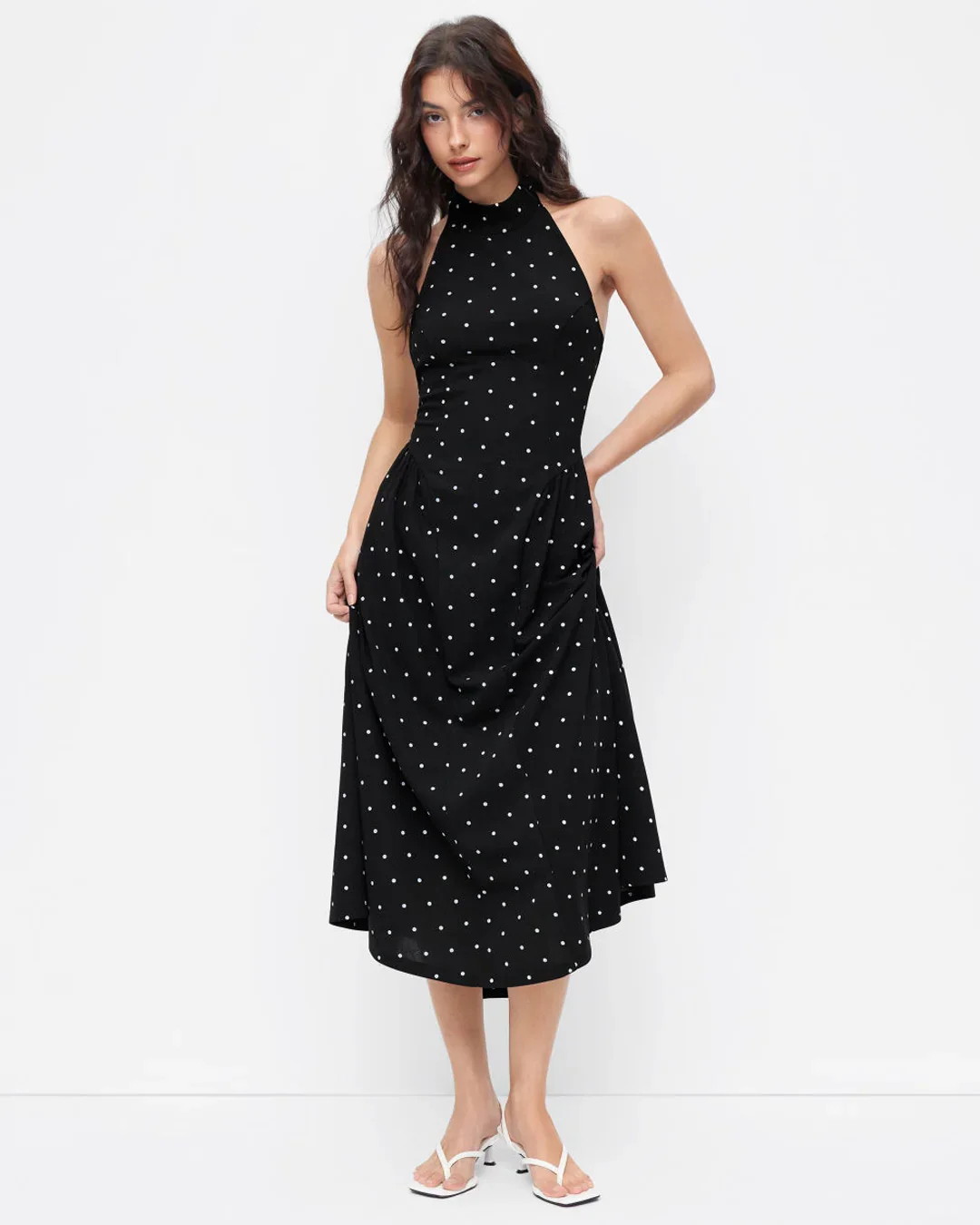 Polka Dot Halter Neckline Knotted Flared Midi Dress - Image 3