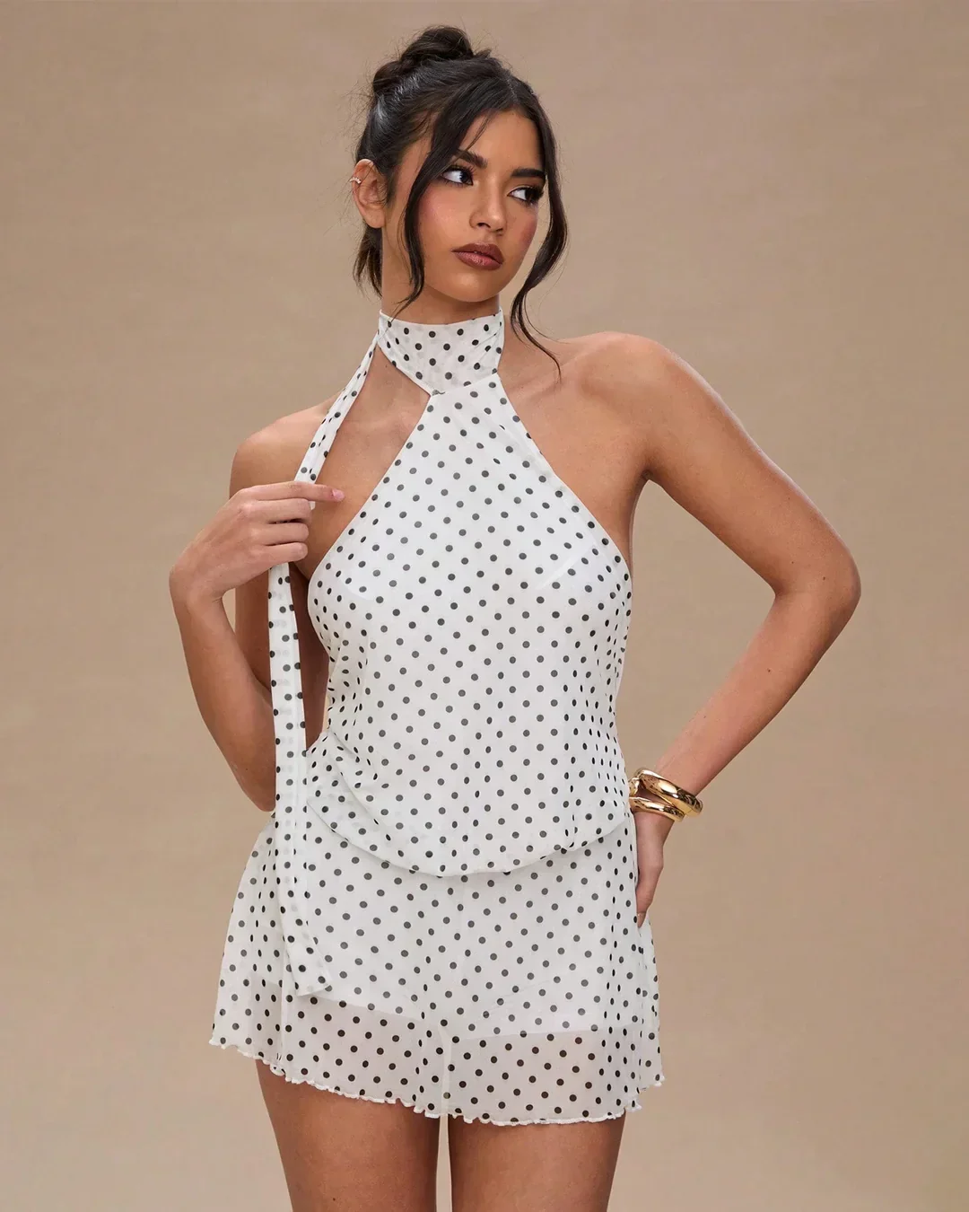 Polka Dot Printed Halter Mini Dress - Image 2