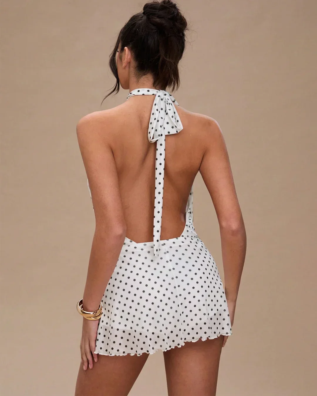 Polka Dot Printed Halter Mini Dress - Image 3