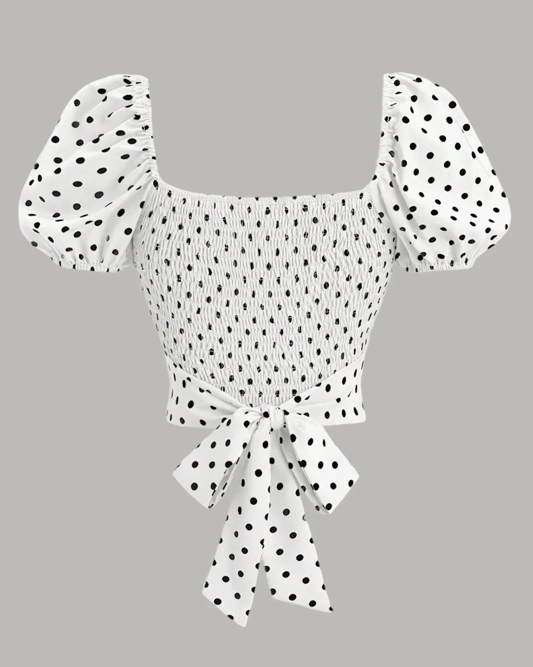 Polka Dot Puff Sleeve Wrap Ruffle Top - Image 2