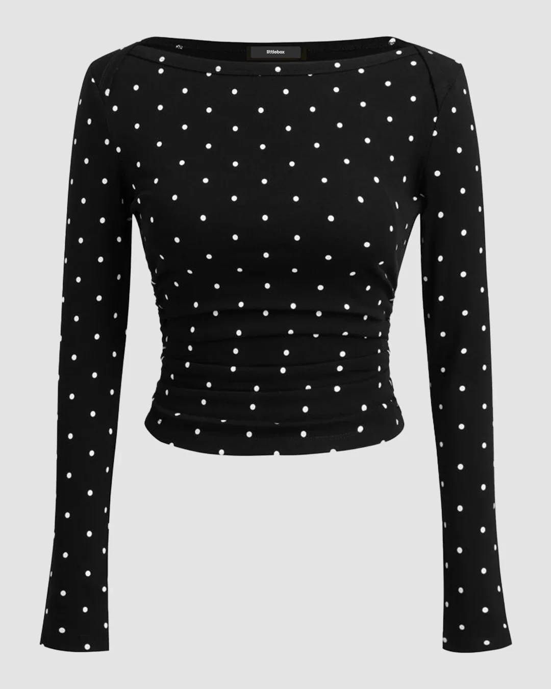 Polka Dot Boat Neck Slim Fit Full Sleeve Top in Black - Image 2