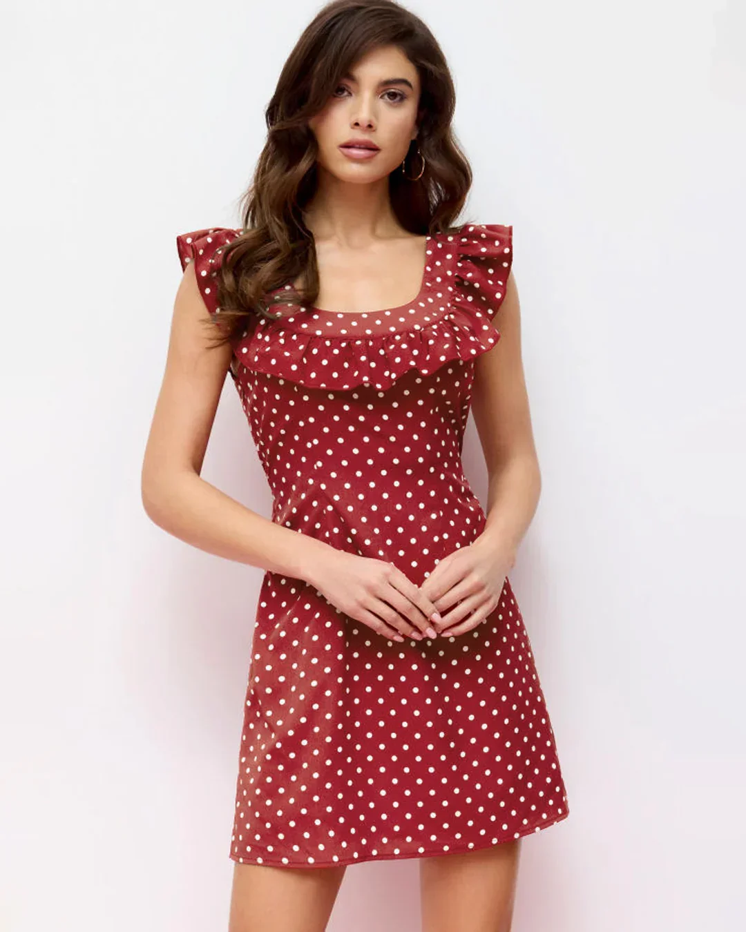 Polka Dot U-neckline Ruffled A-line Mini Dress - Image 2