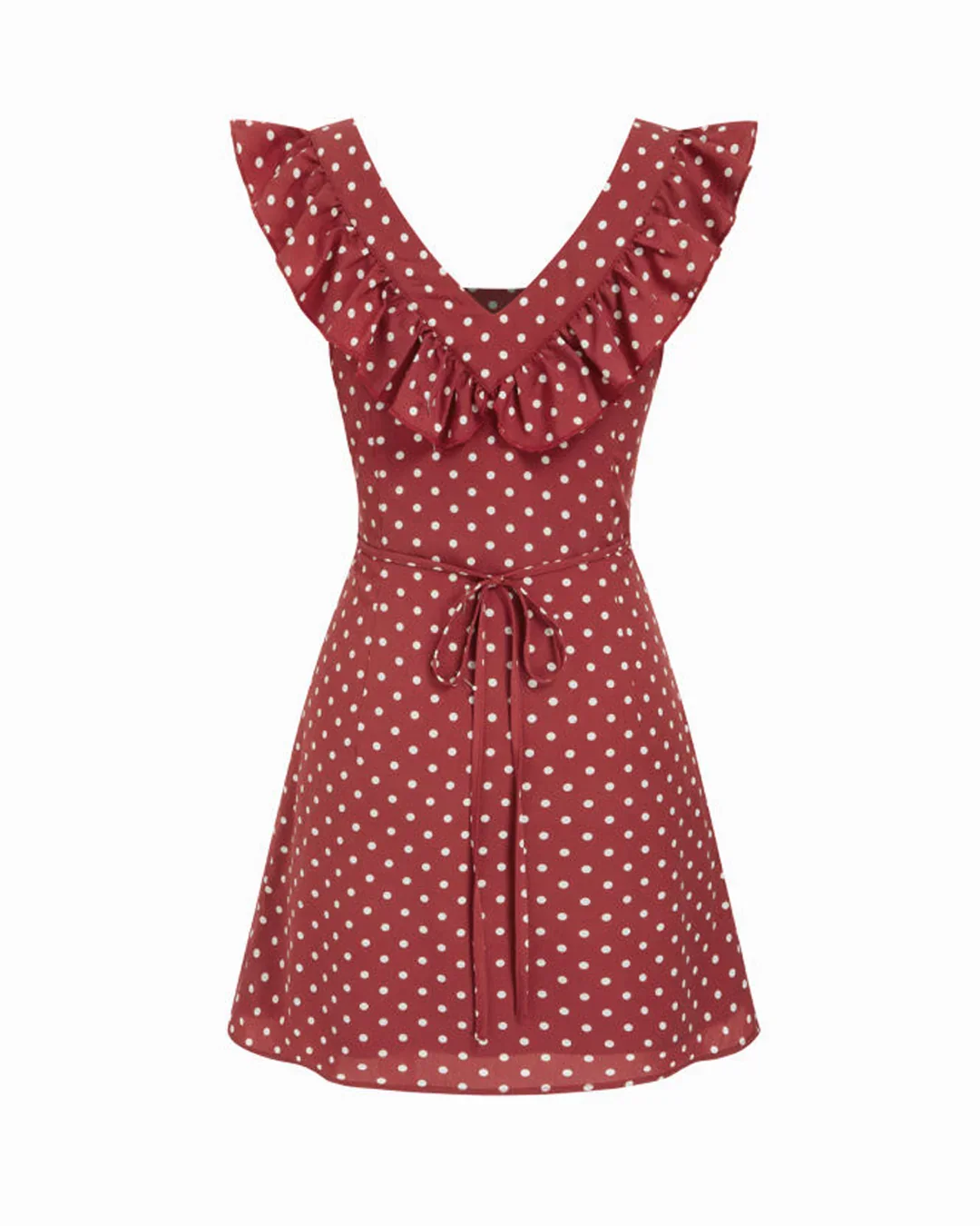 Polka Dot U-neckline Ruffled A-line Mini Dress - Image 3
