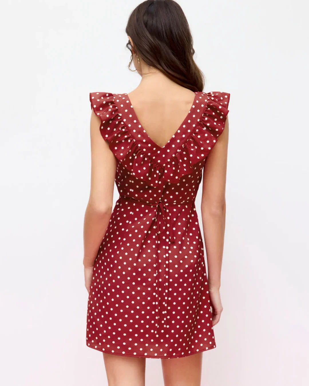 Polka Dot U-neckline Ruffled A-line Mini Dress - Image 4