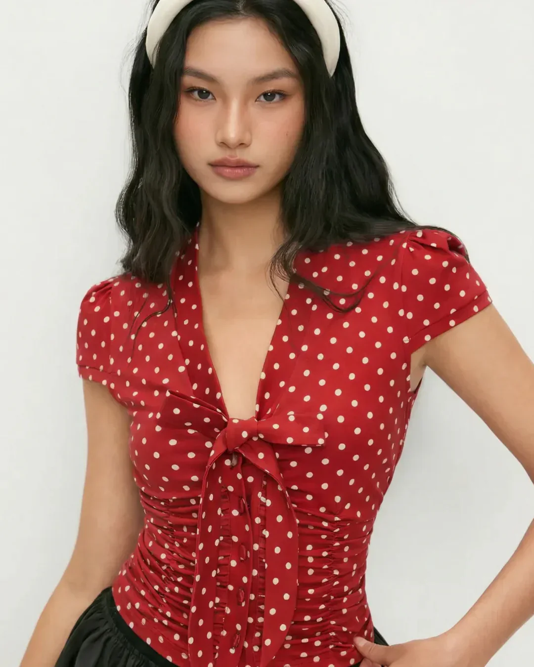 Polka Dot V-neck Puff Sleeve Bowknot Top - Image 2