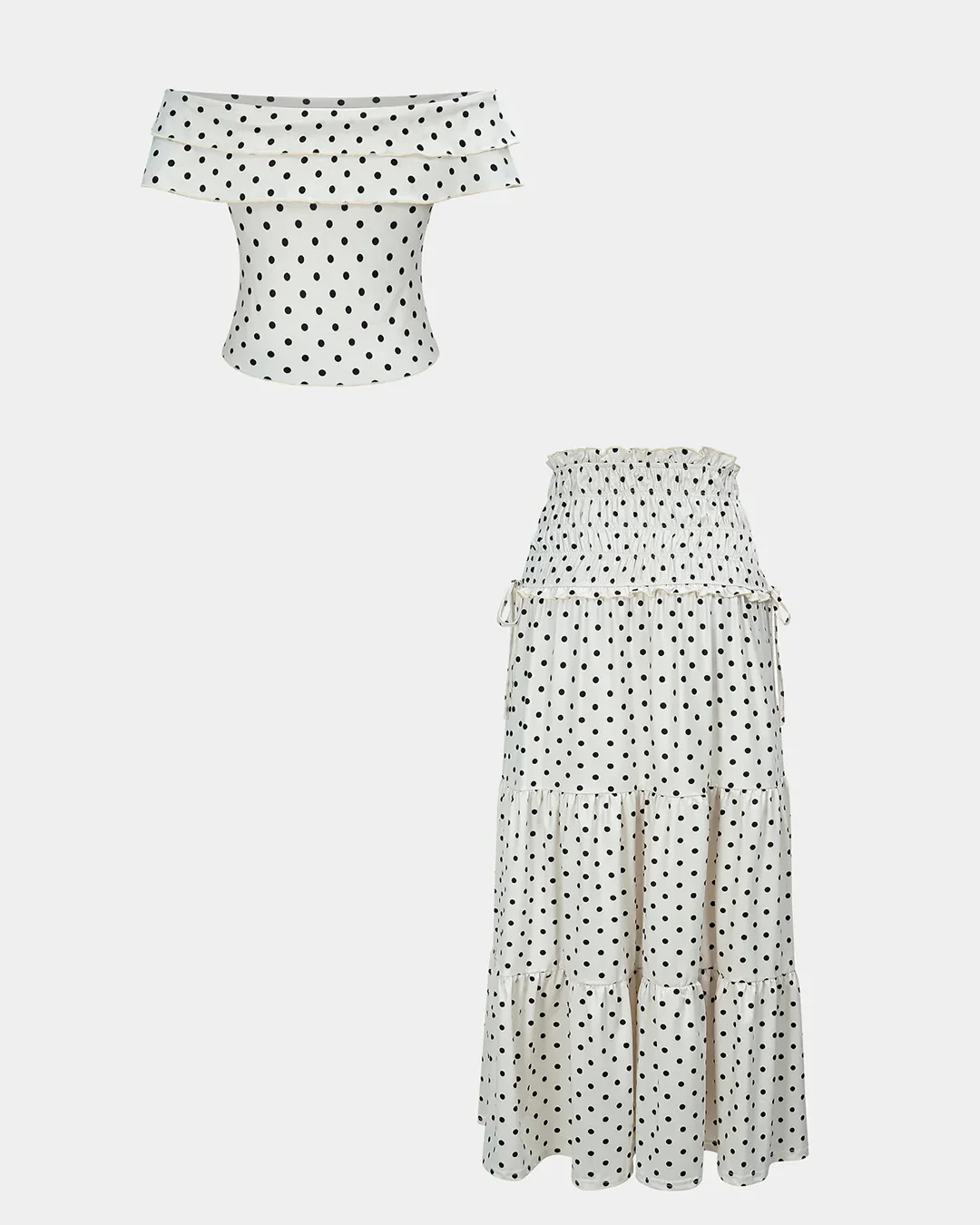 Polka Dots Print Ruched Off Shoulder Top And Tie-Up Skirt Set - Image 3