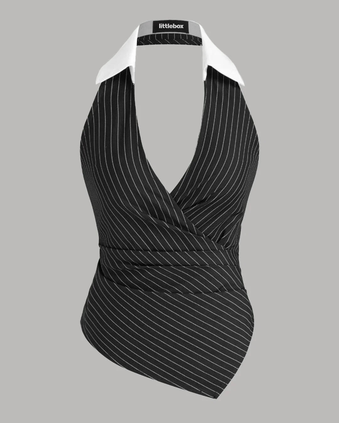 Polo Neck Stripe Ruched Shirred Asymmetrical Hem Top in Black