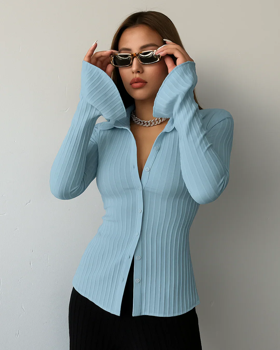 Collared Neck Ruched Waist Button Down Shirt in Blue - Image 2
