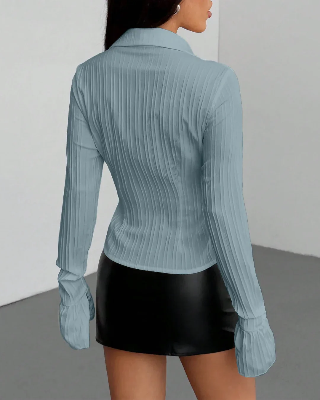 Collared Neck Ruched Waist Button Down Shirt in Blue - Image 4