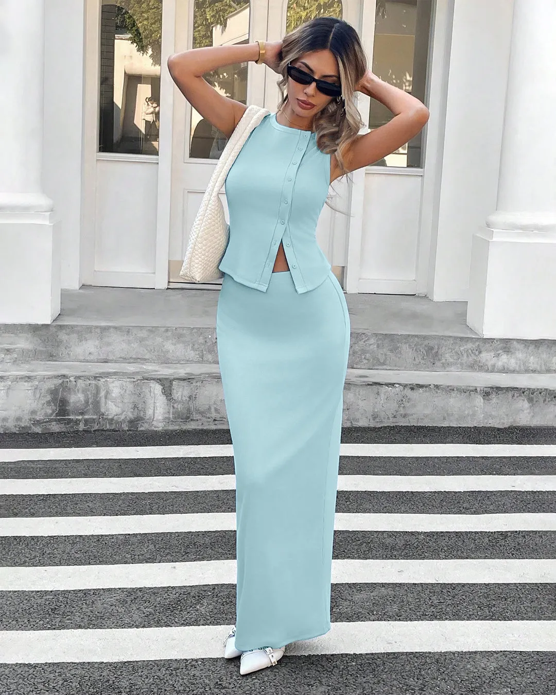 Powder Blue Sleeveless Co-Ord Set with Fitted Skirt - Image 2