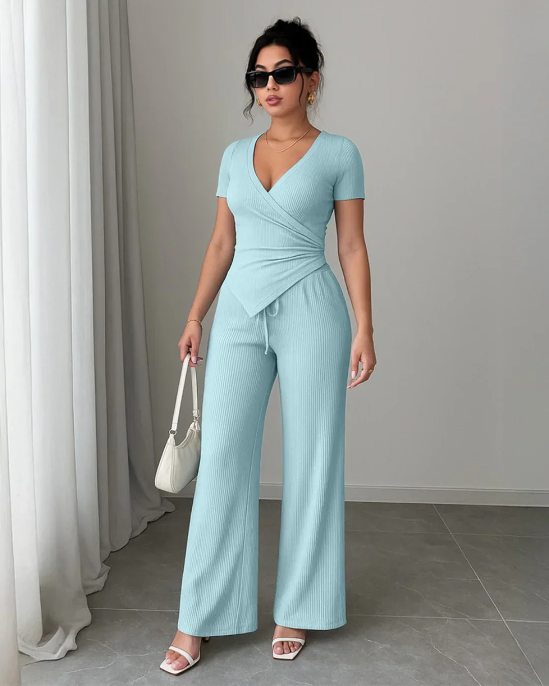 Powder Blue Wrap V-Neck Top & Wide Leg Pants Co-Ord Set - Image 2