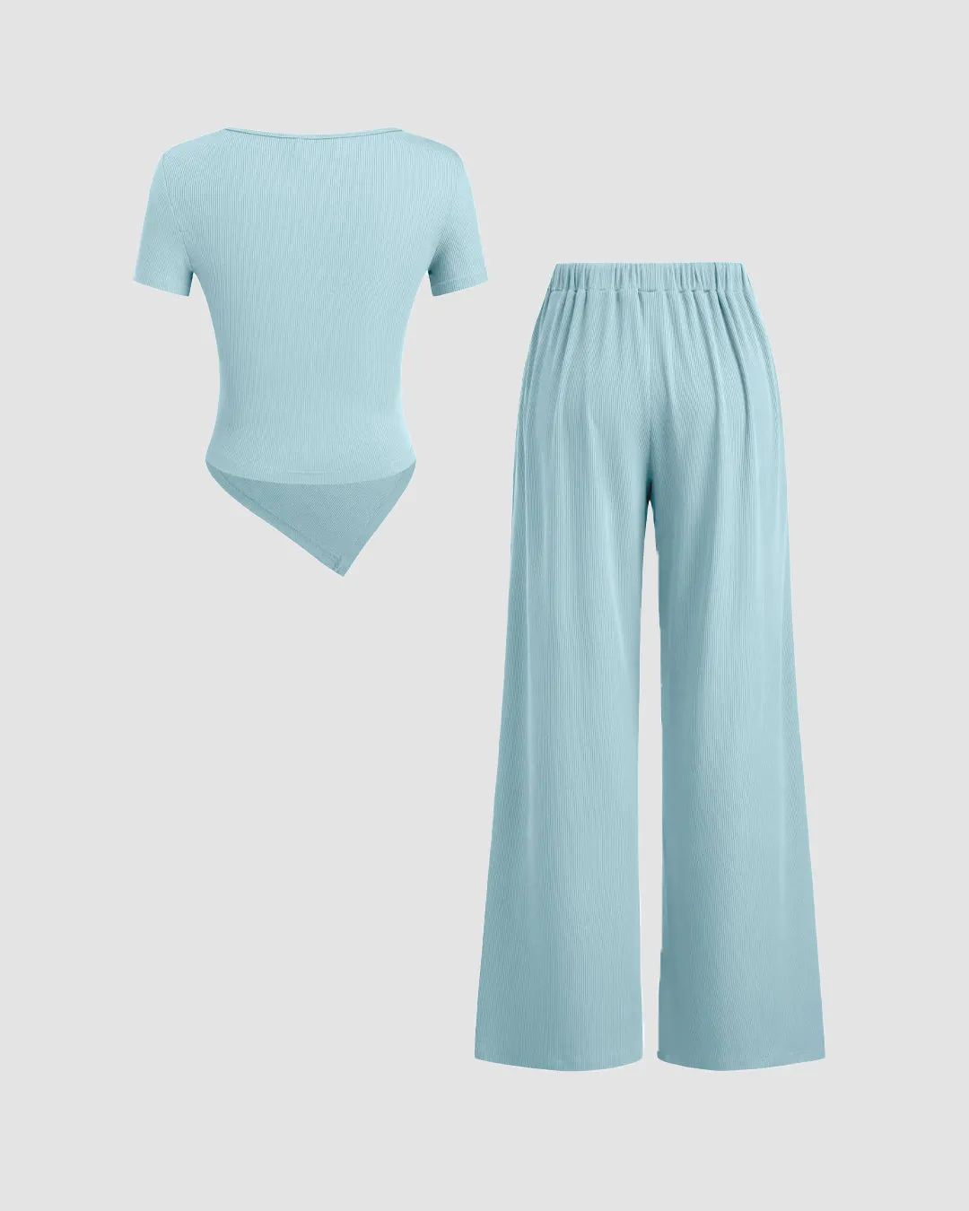 Powder Blue Wrap V-Neck Top & Wide Leg Pants Co-Ord Set - Image 3