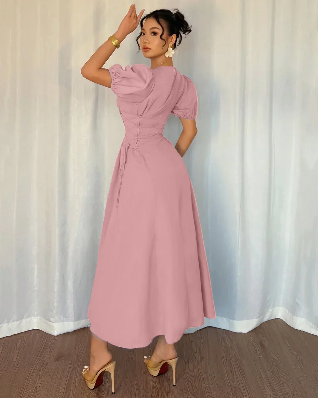 Powder Pink Puff Sleeve A-Line Midi Dress - Image 2