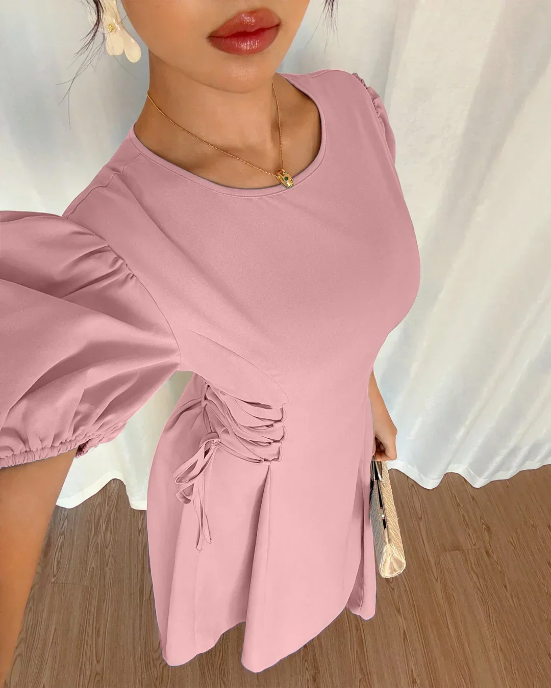 Powder Pink Puff Sleeve A-Line Midi Dress - Image 3