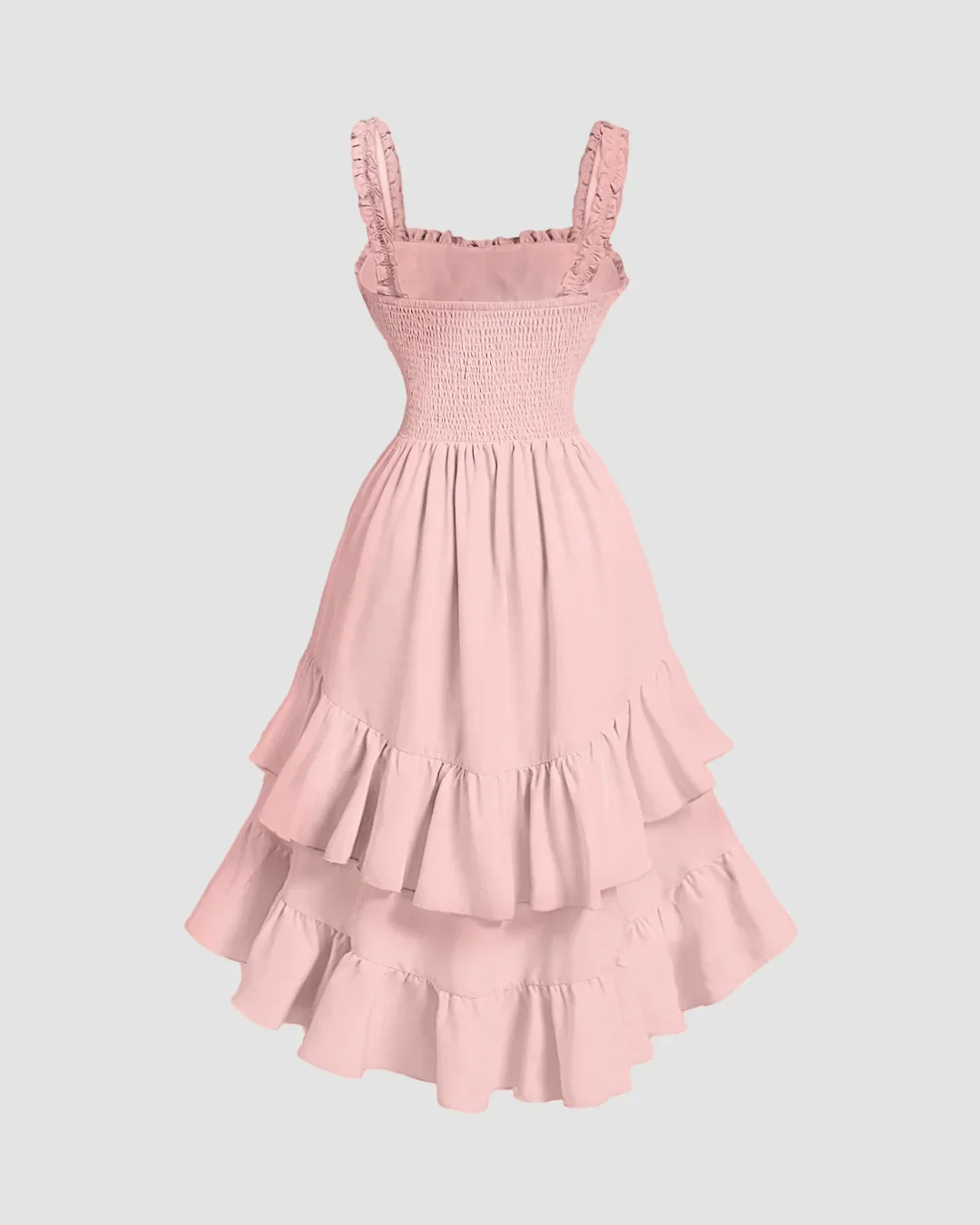 Powder Pink Ruched Square Neck Ruffle High-Low Midi Dress with Ruffle Hem - Image 2
