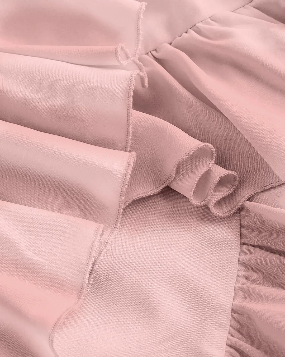 Powder Pink Ruched Square Neck Ruffle High-Low Midi Dress with Ruffle Hem - Image 3