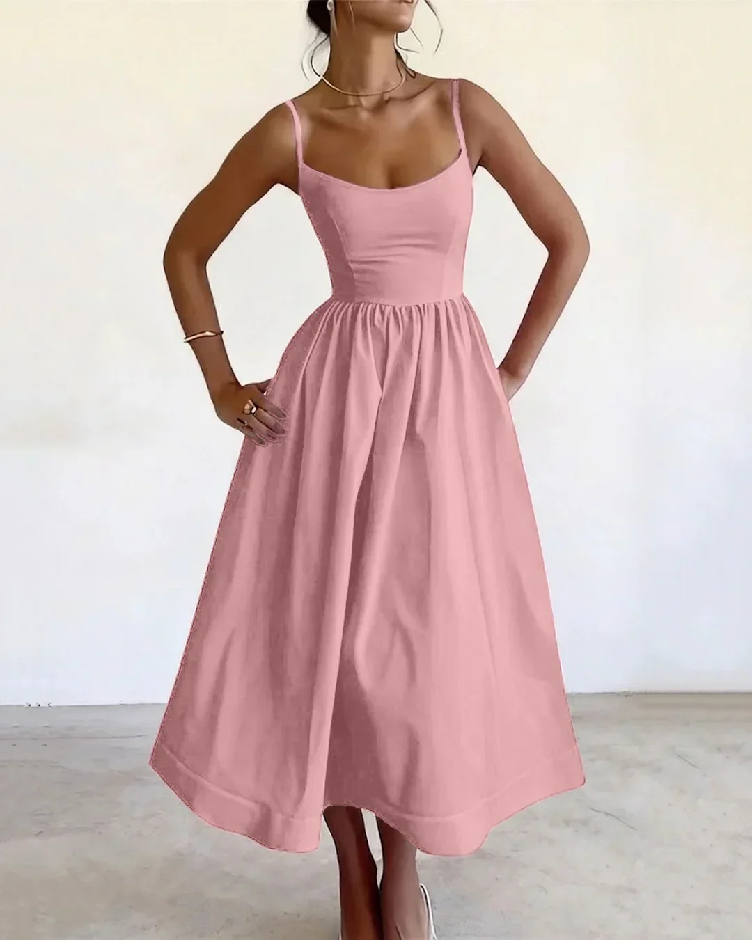 Powder Pink Spaghetti Strap Fit & Flare Midi Dress - Image 3
