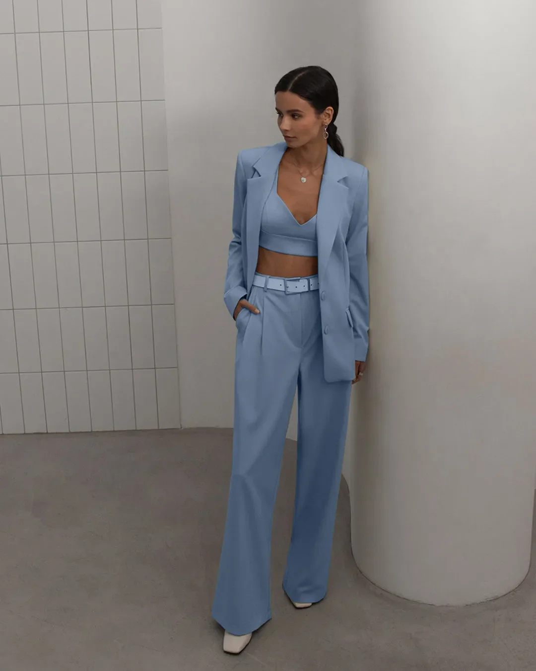 Premium Quality Set Of Two Cropped Top With Korean Style Baggy Trouser In Blue - Image 3