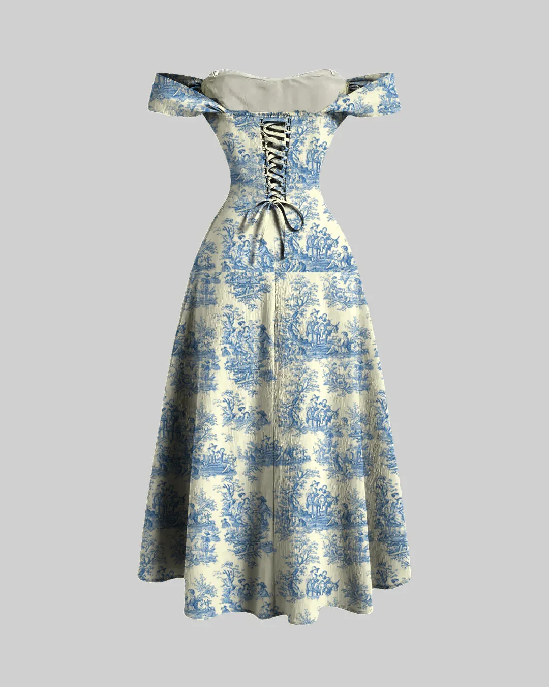 Printed Faux Fishbone Design Romantic Off-Shoulder Dress - Image 2