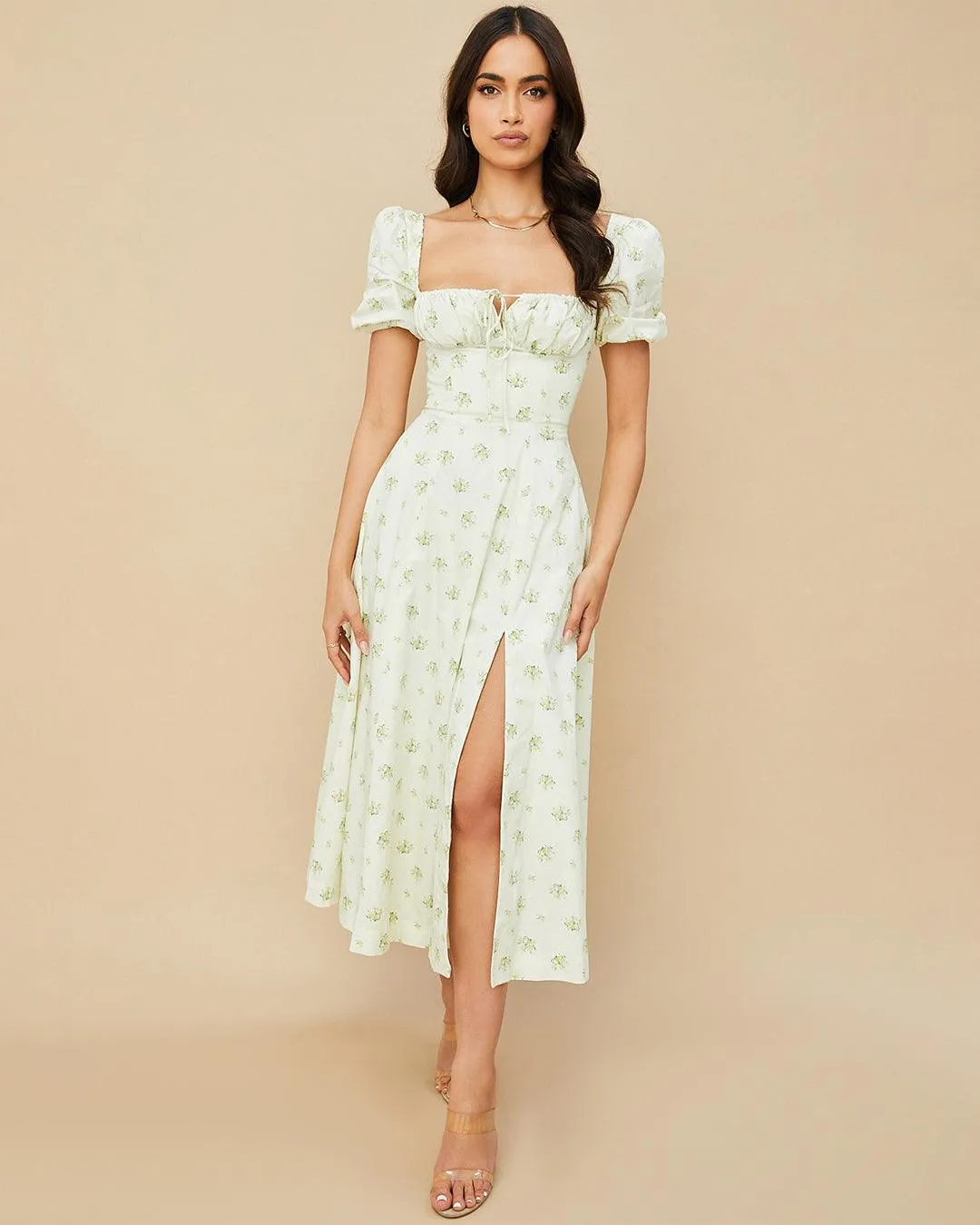 Printed Floral Halter Slim Puff Sleeve Side Slit Dress - Image 3