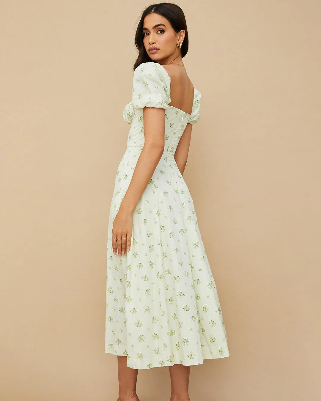 Printed Floral Halter Slim Puff Sleeve Side Slit Dress - Image 4