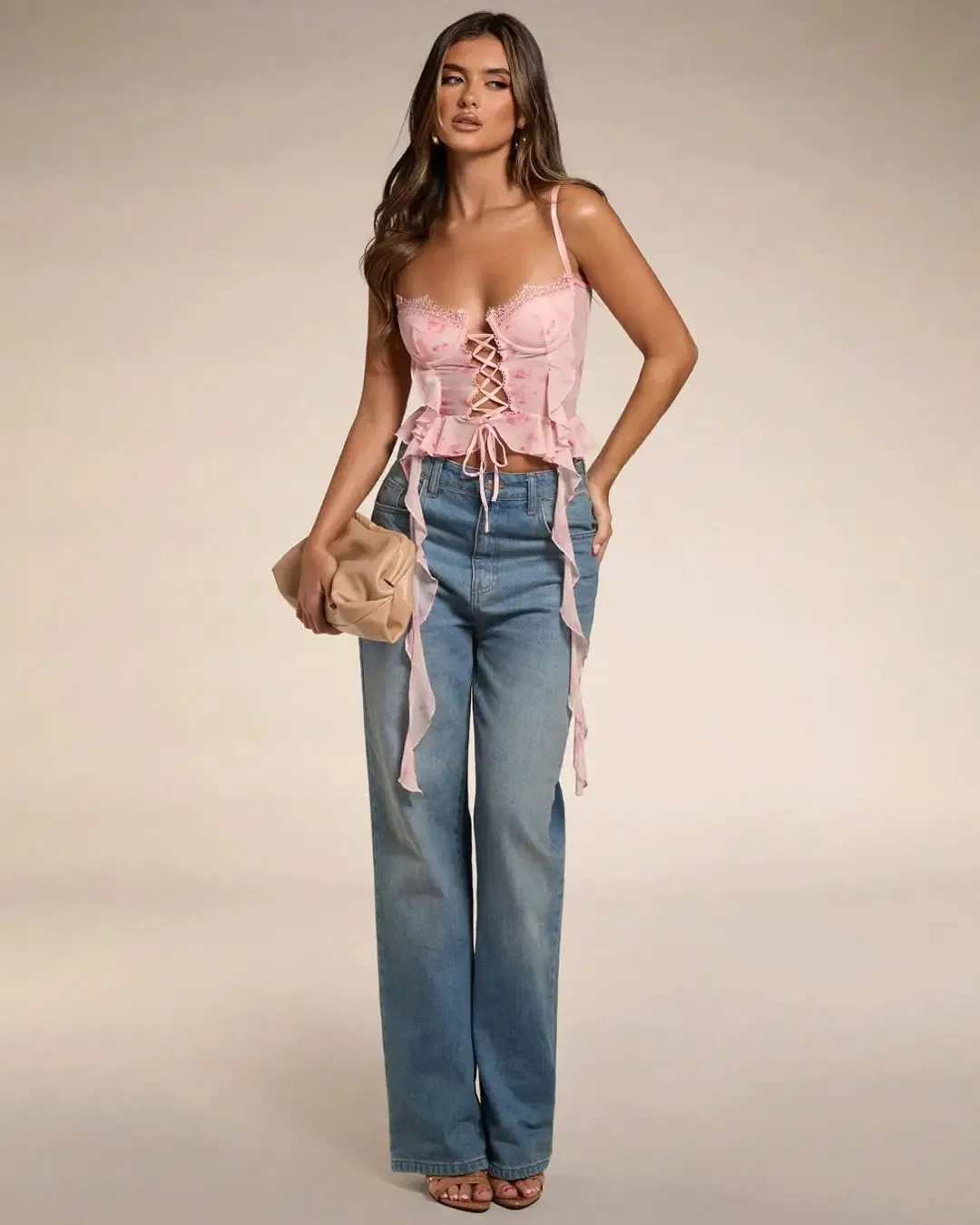Printed Ruffles Front Lace Corset Top - Image 3