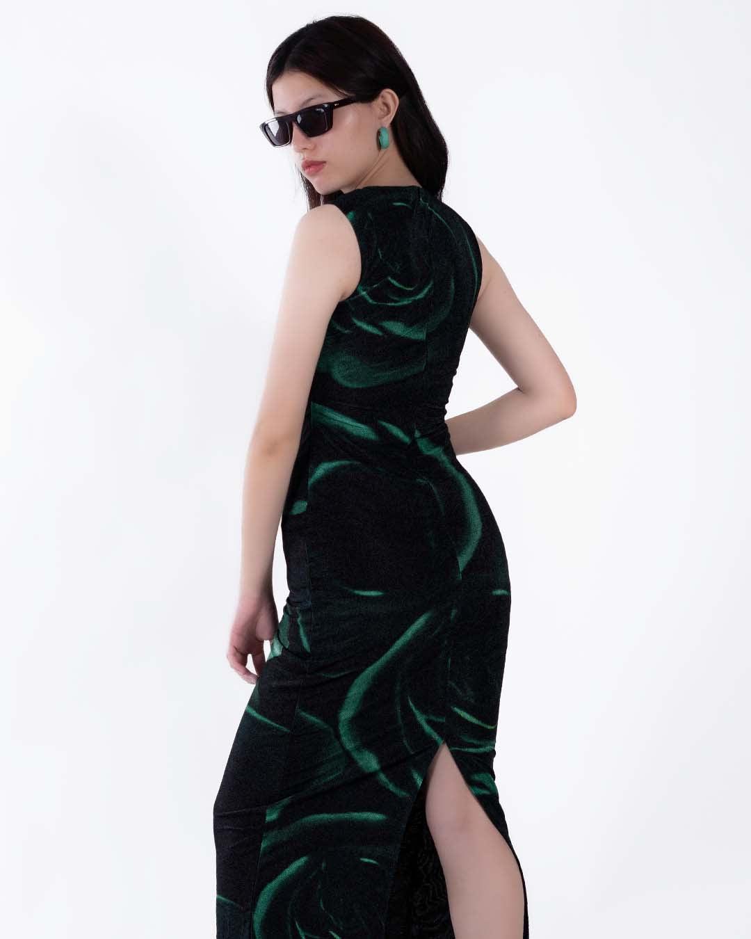 Printed Sheer Mesh Slit Sleeveless Maxi Dress - Image 3
