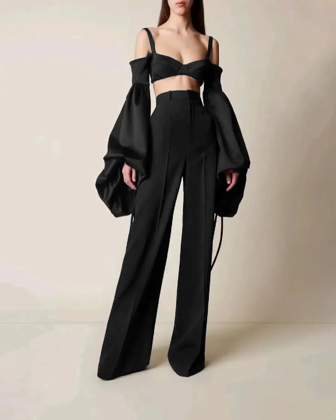 Party Cut-Out Detail Long Sleeve Crop Top in Black - Image 2