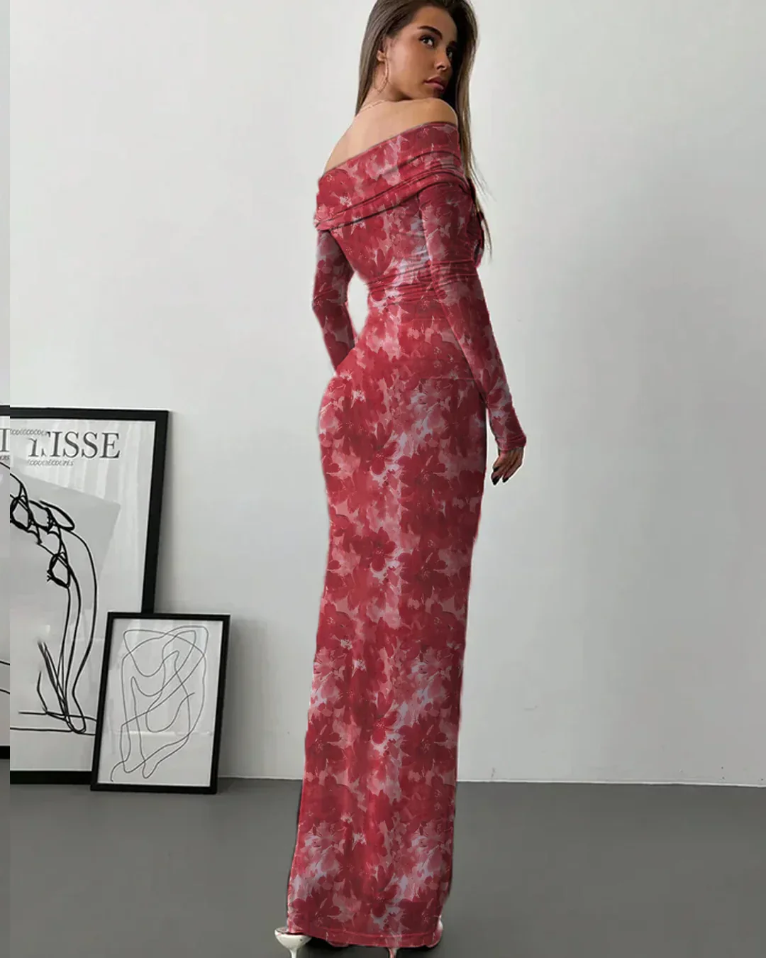 Off Shoulder Full Sleeve Long Dress in Red Floral - Image 2