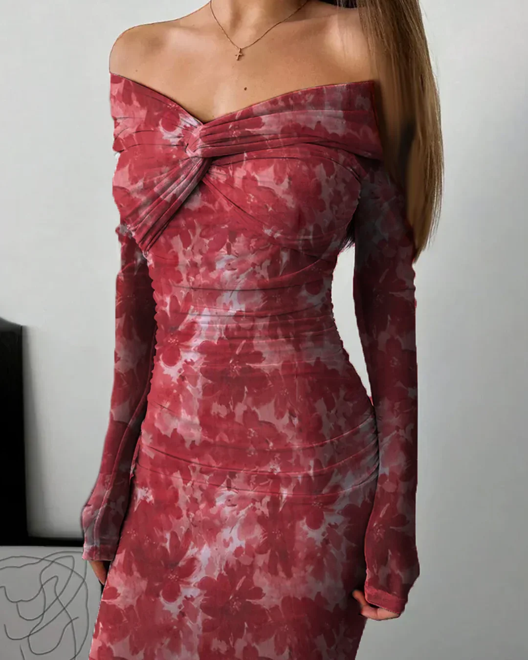 Off Shoulder Full Sleeve Long Dress in Red Floral - Image 3