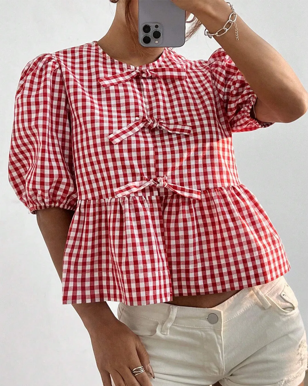 Red Gingham Peplum Blouse with Puff Sleeves - Image 2
