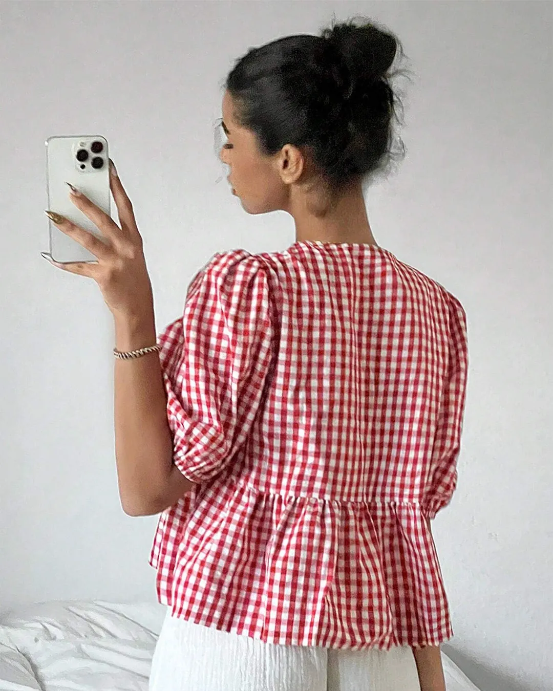 Red Gingham Peplum Blouse with Puff Sleeves - Image 3
