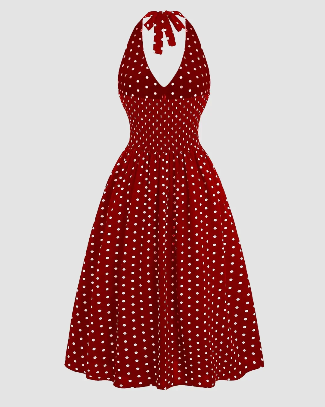A-Line Midi Halter Neck Polka Dot Dress in Red - Image 2