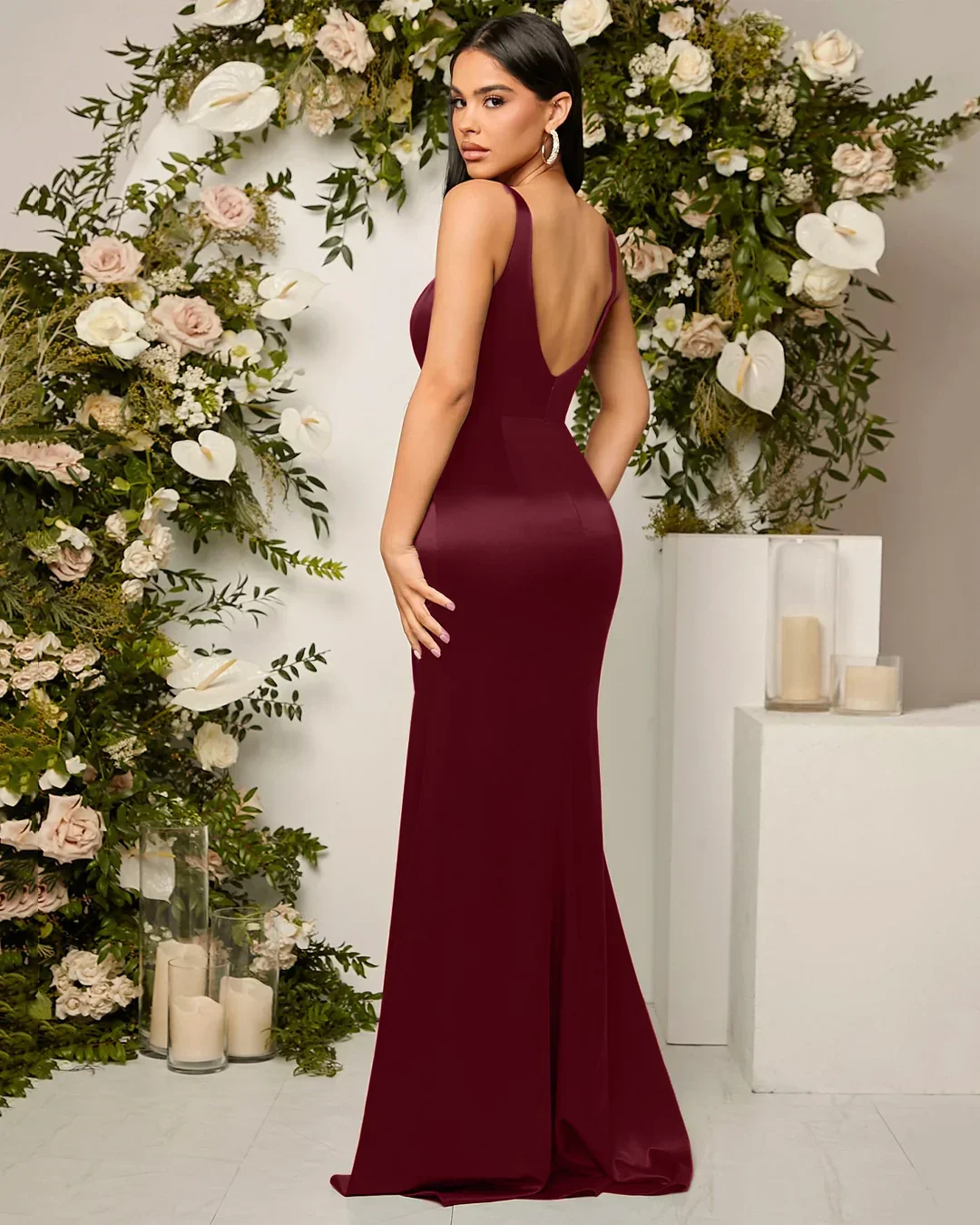Red Satin Sweetheart Neck Ruched Wrap Slit Maxi Dress - Image 2