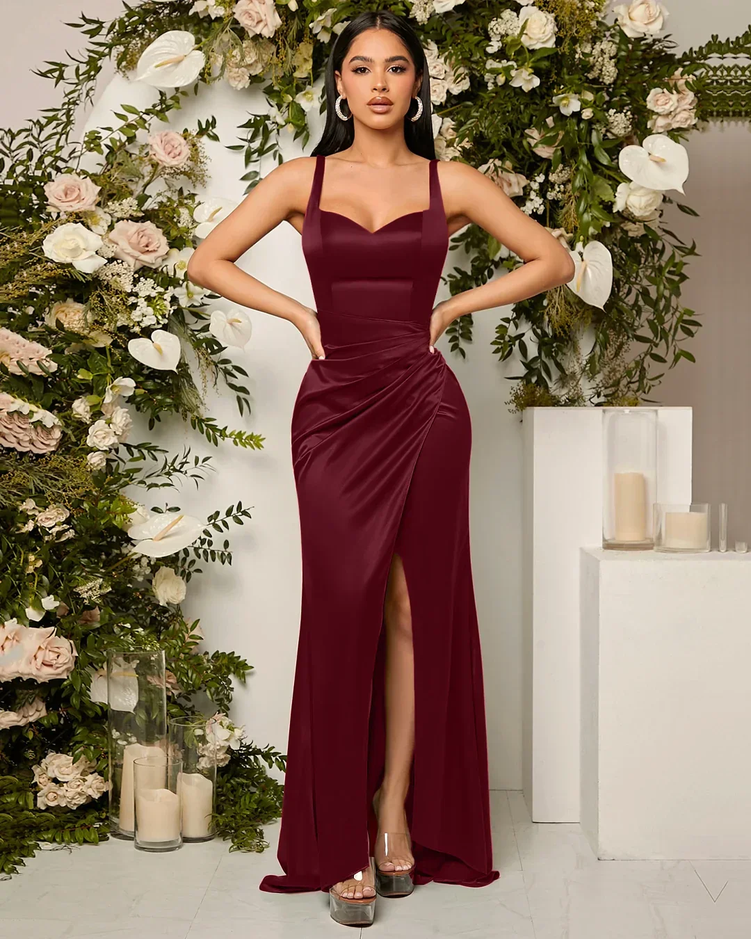 Red Satin Sweetheart Neck Ruched Wrap Slit Maxi Dress - Image 3