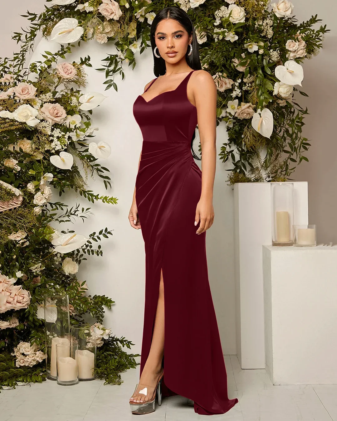 Red Satin Sweetheart Neck Ruched Wrap Slit Maxi Dress - Image 4