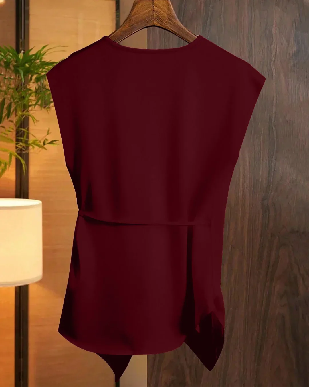 Red Solid Color Deep V-Neck Twist Knot Asymmetrical Top - Image 3