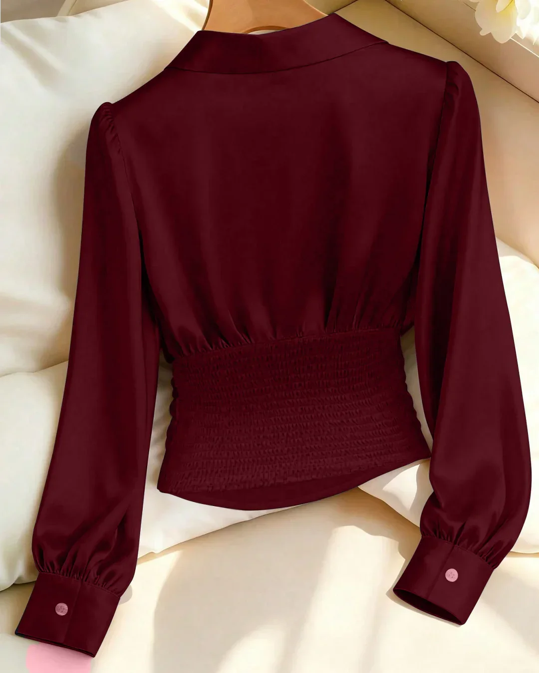 Red Solid Color Satin Long Sleeve Collared Waist Top - Image 2