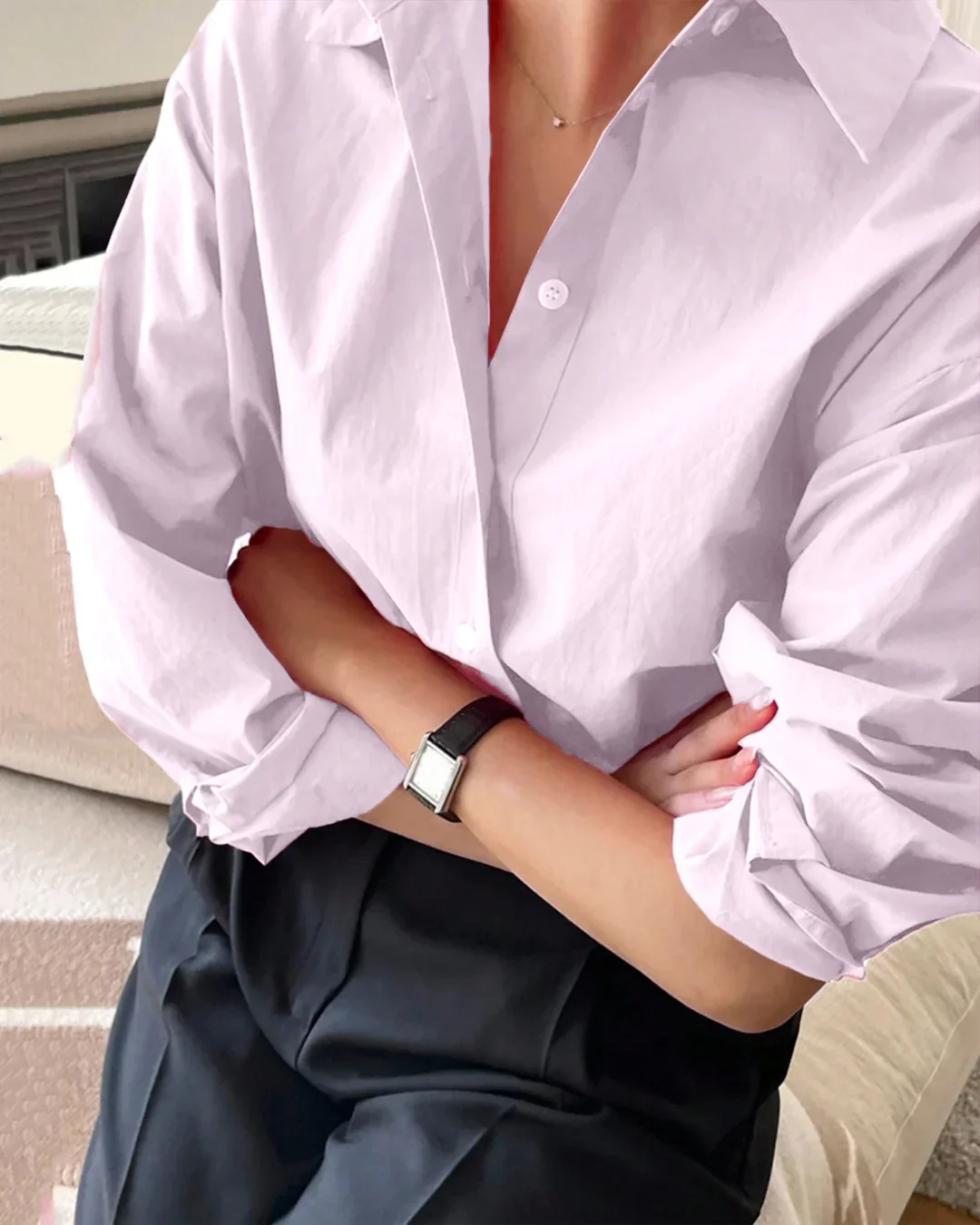 Relaxed Fit Baby Pink Collared Shirt with Drop Shoulders - Image 2
