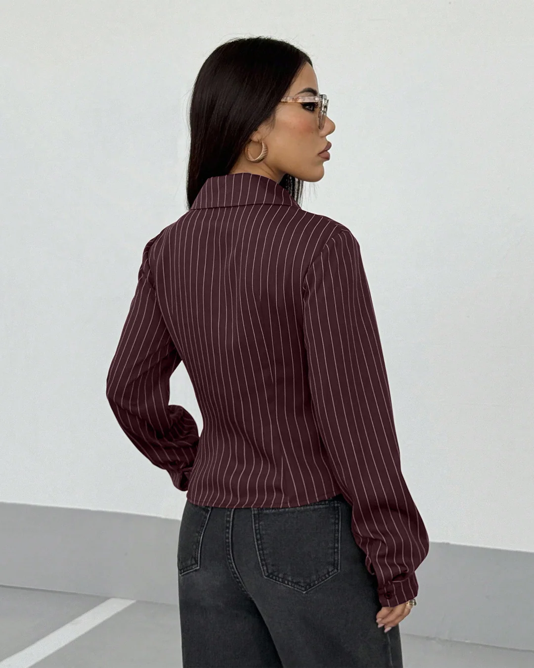 Retro Fitted Striped Shirt Top In Wine - Image 2