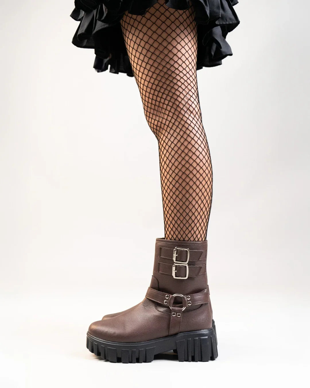 Retro Platform Plain Buckled Short Boots In Coffee Brown - Image 3