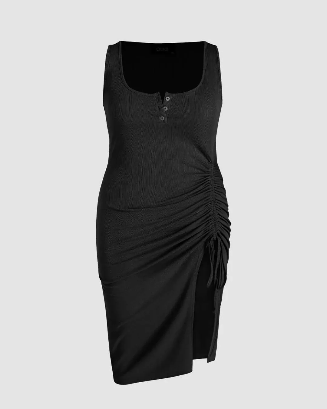 Rib Button Drawstring Midi Dress Black Curve & Plus - Image 3