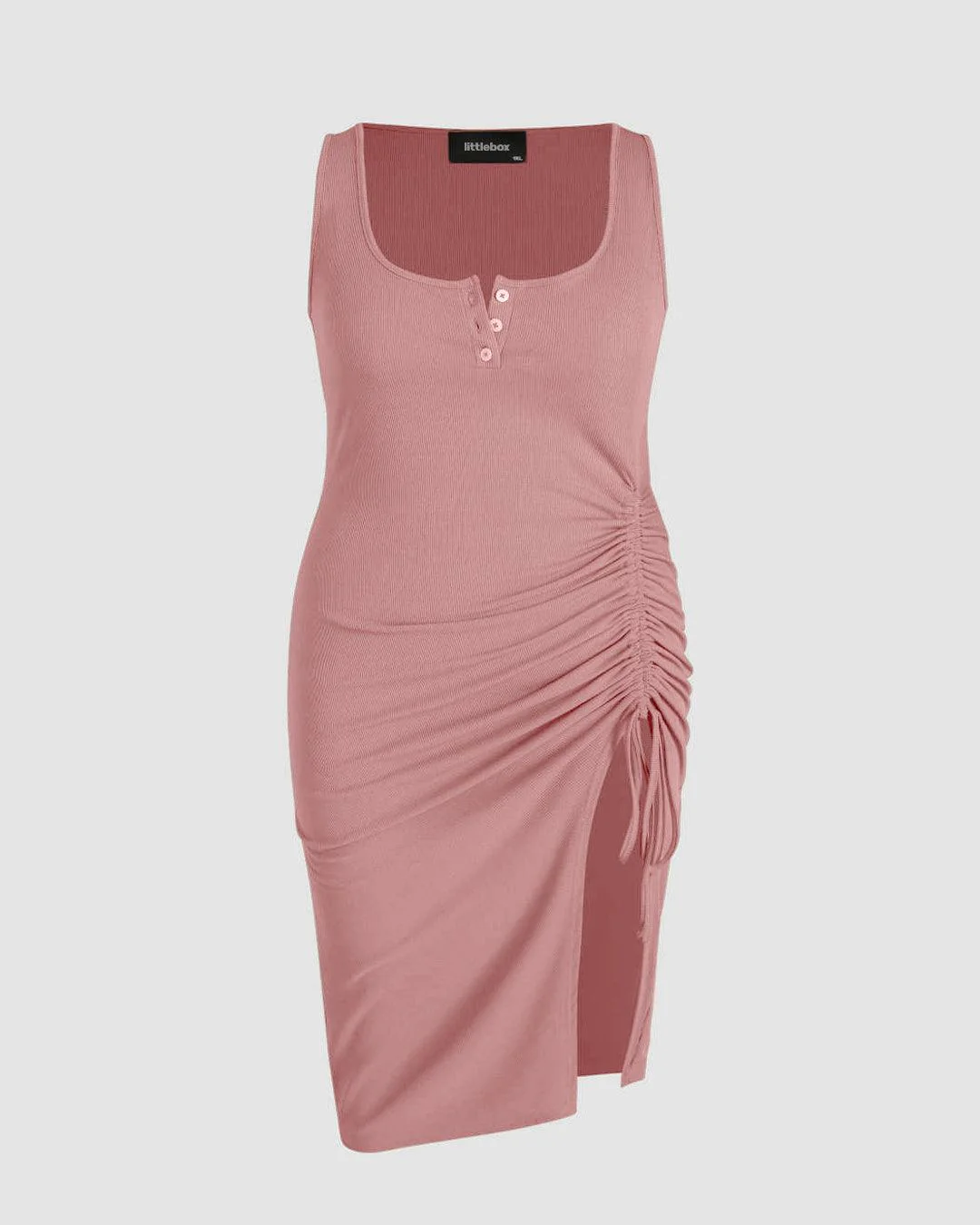 Rib Button Drawstring Midi Dress Pink Curve & Plus - Image 3