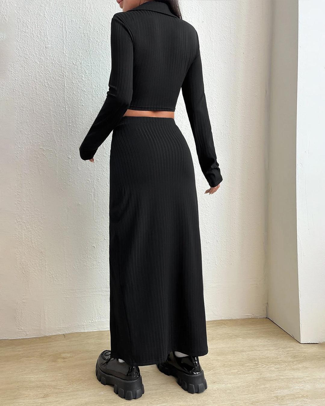 Ribbed Knit Button Front Crop Tee & Split Thigh Skirt In Black - Image 3